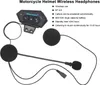 A motorcycle helmet wireless headphone set with its control unit, earpieces, and microphone displayed on a white background, accompanied by a list of its features. Produktbild-Vorschau