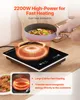 A person is holding a pan over an induction cooktop, with graphics illustrating heat distribution and coil features. Náhled obrázku produktu