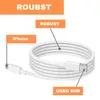 A white charging cable with USB-C and iPhone connectors, with marketing text overlays. Produktbild-Vorschau