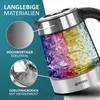 A collage showcasing a glass electric kettle with LED lighting, highlighting its materials and features. Produktbild-Vorschau