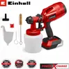 A collage of an Einhell paint sprayer and its accessories, along with warranty badges and a power brand logo. Produktbild-Vorschau