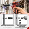 A hand holding a cordless impact wrench, with two inset diagrams illustrating its auto-stop functions. Podgląd zdjęcia produktu