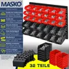 A set of storage bins and wall panels filled with hardware, presented with descriptive text. Produktbild-Vorschau