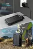 A collage showing a solar power bank being charged via a wall outlet and then in an outdoor setting with a backpack. Produktbild-Vorschau
