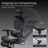 A black ergonomic office chair is shown with diagrams illustrating its reclining capabilities and adjustment controls. Anteprima dell’immagine prodotto
