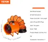 An orange industrial fan with an attached flexible duct, shown with dimensions and product specifications. Podgląd zdjęcia produktu