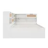 Side view of a white bed frame with integrated shelving and storage units. Voir les images du produit