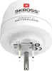 A white travel adapter with visible text and logos. Produktbild-Vorschau