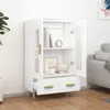 A white highboard with open doors and a drawer, displaying books and decorative items on wooden floors. Voir les images du produit