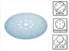 A round, light blue sanding disc with many small holes and a few larger holes in the center, shown on a white background. To the right are three smaller square images with icons and text. Anteprima dell’immagine prodotto
