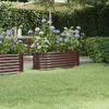 A garden scene with two brown corrugated metal raised garden beds filled with blooming blue hydrangeas, set on a green lawn. Náhled obrázku produktu