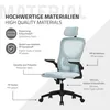 A light blue ergonomic office chair with various features highlighted by text labels. Náhľad obrázku produktu