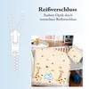 A marketing image showing a zipper graphic and a crib bedding set with animal motifs. Anteprima dell’immagine prodotto
