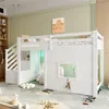 A child's bedroom with a white loft bed with stairs, a window on the side, and a stuffed animal. The room has a light green wall and a patterned rug. Anteprima dell’immagine prodotto