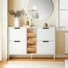 A white shoe cabinet with wooden shelves is shown in a hallway setting. Náhľad obrázku produktu