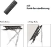 A remote control and diagrams showing a TV ceiling mount installed on a flat and a sloped ceiling. Anteprima dell’immagine prodotto