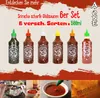 A collage of Sriracha sauce bottles and food preparation. Produktbild-Vorschau