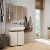 A modern bathroom vanity with a sink and cabinet, set against a slatted wall with a window view. Produktbild-Vorschau