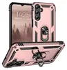A rose gold phone case with a ring holder is displayed from multiple angles, with a phone screen showing the time and date visible. Produktbild-Vorschau