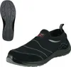 A black slip-on safety shoe is shown from the side, with a view of its sole from the top left. Produktbild-Vorschau