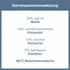 A graphic displaying the yarn composition and care instructions for a textile product. Produktbild-Vorschau
