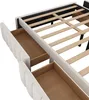 A close-up view of a bed frame with drawers pulled out. Produktbild-Vorschau