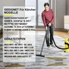 A man is vacuuming a carpeted floor with a Karcher vacuum cleaner, while a text overlay lists compatible models and device types. Produktbild-Vorschau