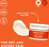 A jar of Orientana face cream with a swatch of cream next to it, set against an orange background with marketing text and icons. Produktbild-Vorschau