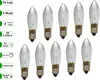 A collection of ten clear, ribbed candle-shaped light bulbs with E10 bases, arranged in two rows on a white background. Text labels are present on the left side of the image. Produktbild-Vorschau