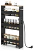 A black four-tier narrow kitchen cart with a wooden top, filled with various jars and bottles. Produktbild-Vorschau