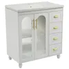 A white bathroom vanity with a ceramic sink and gold hardware, shown against a white background. Produktbild-Vorschau
