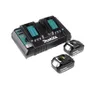 A black and teal Makita dual battery charger with two batteries. Náhled obrázku produktu