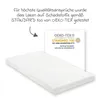 A white mattress or pad is shown next to a certification label. Produktbild-Vorschau