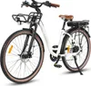 A white electric bicycle with a brown seat and handlebars, displayed on a white background. Produktbild-Vorschau