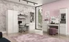 A bedroom with furniture, including a wardrobe, desk, and vanity, arranged around a large window. Produktbild-Vorschau