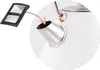 A close-up view of a white electric kettle's spout, with an arrow indicating where a filter is inserted. Produktbild-Vorschau
