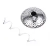 A stainless steel steamer basket and a detached metal handle are placed on a white background. Produktbild-Vorschau