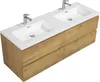 A double sink vanity with a wooden base and white countertop. Voir les images du produit