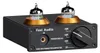 A black Fosi Audio Box X2 HiFi Phono Preamplifier with two glowing vacuum tubes on top, set against a white background. Produktbild-Vorschau