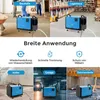Collage of images showing a blue dehumidifier in various settings like a construction site, warehouse, basement, garage, and between ceilings, with text overlays describing its applications. Voir les images du produit