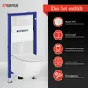 A wall-mounted toilet system with a flush plate and mounting frame, presented with icons and text listing the components included in the set. Produktbild-Vorschau