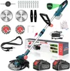 A collection of items related to a cordless trimmer, including the trimmer itself, batteries, charger, and various cutting attachments, laid out on a white background. Produktbild-Vorschau