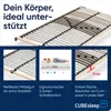 A close-up view of a bed frame's slatted base with accompanying descriptive text and diagrams. Produktbild-Vorschau