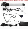 A collection of parts for a recliner motor actuator, including the motor, cables, power adapter, and mounting hardware, laid out on a white background. Náhled obrázku produktu