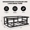 A diagram showing a black metal basket with dimensions and feature icons. Produktbild-Vorschau