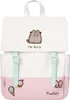 A white and pink Pusheen backpack with a cartoon cat graphic and text.