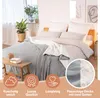 A bed with a gray and white blanket, pillows, and a plant in a pot. Náhled obrázku produktu