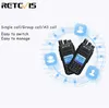 Two Retevis walkie-talkies are shown with icons representing single, group, and all calls, along with text describing call features. Produktbild-Vorschau