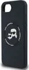 A black iPhone case with a circular graphic featuring Karl Lagerfeld and a cat. Produktbild-Vorschau