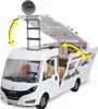 A toy camper van with its roof and side doors open, showing the interior and accessories. Voir les images du produit